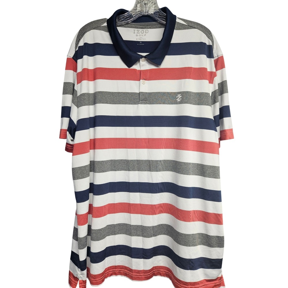IZOD Golf Mens XL Polo Shirt Striped Navy Blue Red Grey Stretch Short Sleeve
